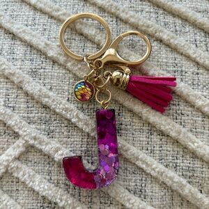 Pink Monogram Letter J Sequin Keychain w/ Tassle NWOT Charm